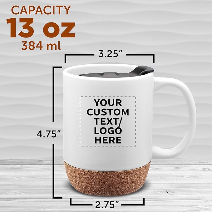Custom Barista Ceramic Mugs with Cork Bottom 13 oz Set of 12/36/72 Personalized Bulk Pack Perfect for Coffee Tea Espresso Hot Cocoa Other Beverages - White
