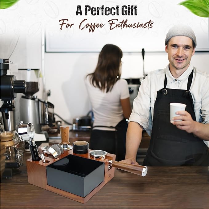 Espresso Knock Box & Tamping Station - Coffee Organizer Box for 51-54mm Tamper, Distributor, Dosing Funnel, Portafilter & Puck Screen Accessories - Includes Cleaning Brush