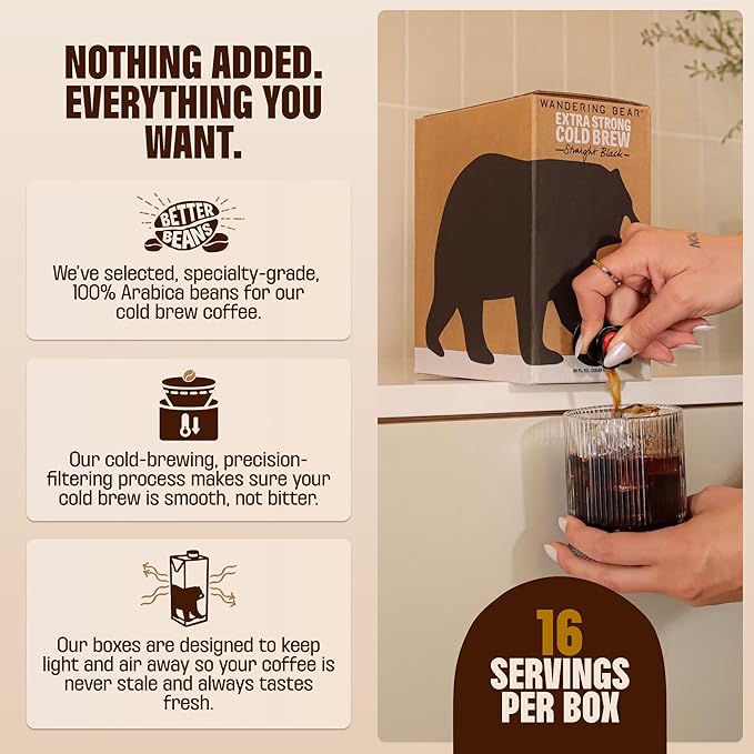 Wandering Bear Decaf Cold Brew Coffee On Tap, Iced Coffee Drink - Bold, Smooth, No Sugar Added, Shelf-Stable, Ready to Drink, Gluten Free & Vegan Decaf - 16 Servings of 6fl.oz - 96fl.oz