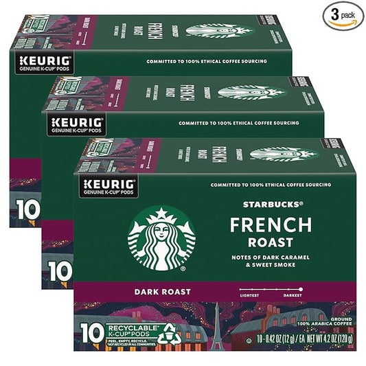 Starbucks Coffee K-Cup Pods, French Roast, Dark Roast Ground Coffee K-Cups for Keurig Brewers, 100% Arabica Coffee, 10 CT K-Cup Pods/Box (Pack of 3 Boxes)