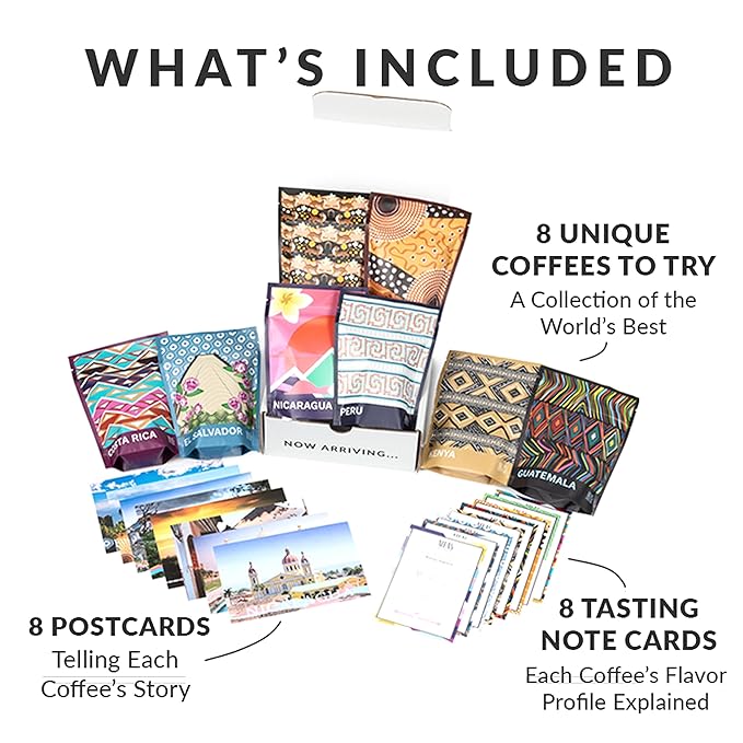 Atlas Coffee Club World of Coffee Discovery Set - Gourmet Coffee Gift Sampler - 8-Pack Variety Box of the World’s Best Single Origin Coffees - Freshly Ground Coffee