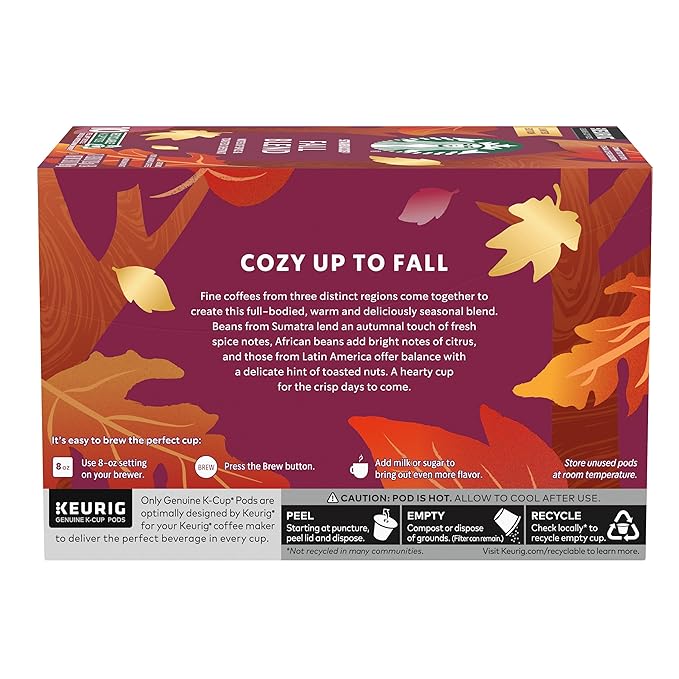 Starbucks K-Cup Coffee Pods, Fall Blend Medium Roast Coffee for Keurig Makerss, 100% Arabica, Limited Edition, 1 Box (10 Pods)