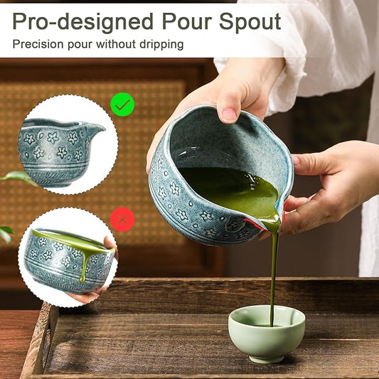 Matcha Whisk Set, 7 Pcs Matcha Kit Includes Ceramic Blue Matcha Bowl, Whisk and Holder, Bamboo Scoop, Scoop Stand, Sifter, and Tea Towel - Traditional Tea Ceremony Accessory Set for Matcha Lovers