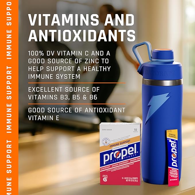 Propel Immune Support Electrolyte Enhanced Water Drink Mix Powder Packets, Orange Raspberry, 100% DV Vitamin C, Zero Sugar Hydration with Electrolytes & Vitamins (120 Packets), (Pack of 240)