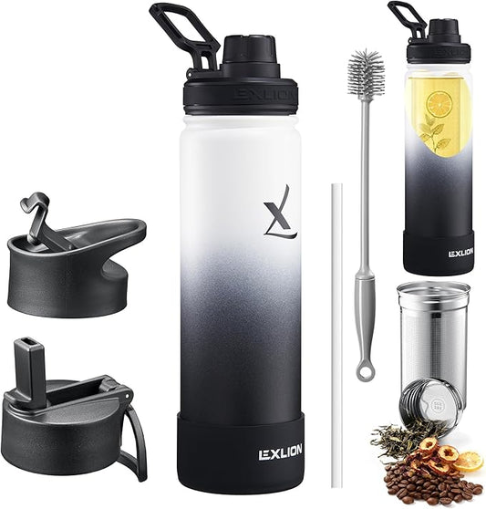 Lexlion Tea Infuser Water Bottle 22 Oz – Triple Wall Insulated Stainless Steel, Loose Leaf & Fruit Strainer, 3 Leakproof Lids, BPA-Free Silicone Sleeve, Reusable Thermal Mug