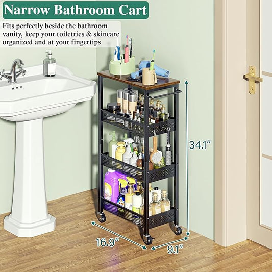 Utility Slim Storage Cart, 4-Tier Narrow Bathroom Organizer and Storage Cart, Metal Narrow Kitchen Laundry Room Organization Rack with Wood Top, Slim Rolling Shelf with Wheels for Small Space