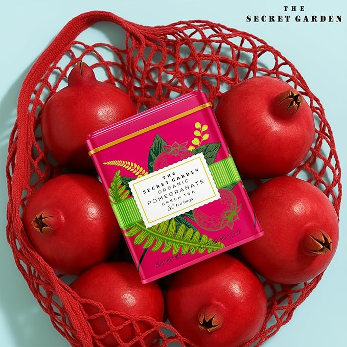 Life Plus Style Gourmet The Secret Garden Organic Pomegranate Green Tea Natural Caffeinated Herbal Leaf 50 Tea Bags Gift Tin USDA Certified Non-GMO Sugar Free Green Tea