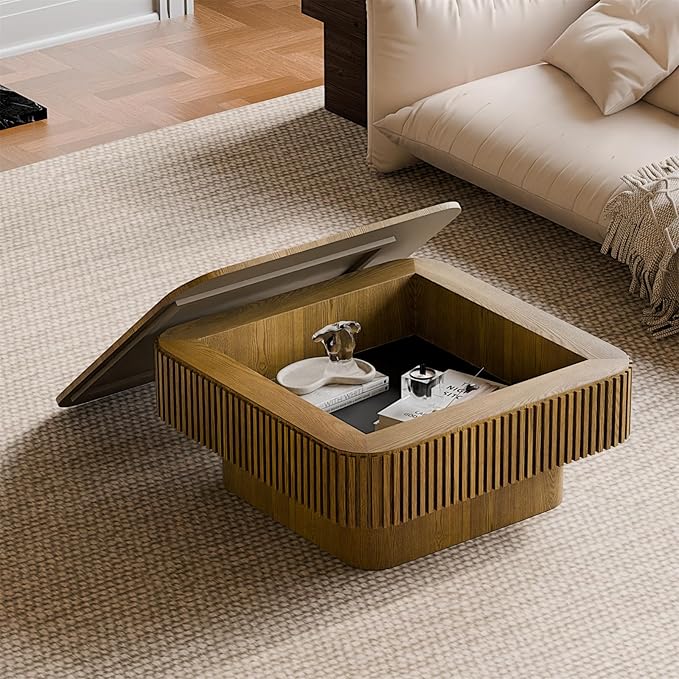 SZTHHDF Square Coffee Table for Living Room,Fluted Drum Accent Tea Center Table with Storage,Solid Wood Modern Coffee Tables for Small Space Office Apartment (31.5" L×31.5''W×14''H-Brown)