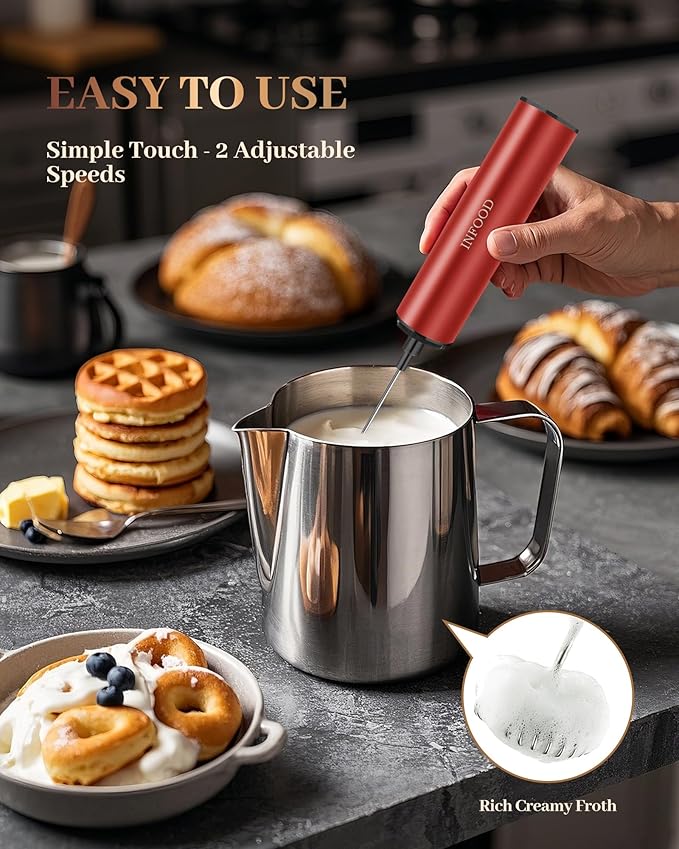 INFOOD Milk Frother Rechargeable with Cover - Coffee Frother Wand, Drink Mixer Handheld with 2 Detachable Stainless Whisks 2 Speed Adjustable for Latte, Cappuccino, Hot Chocolate, Egg, Red
