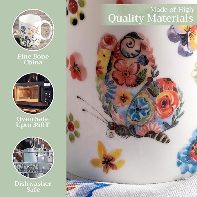 Maison d' Hermine Coffee Mug with Handles Fine Bone China Mugs Pack of One Tea Cups for Hot Beverages Cappuccino Latte Home Office Perfect for Gift (Happy Florals - High Summer Butterfliess, 12 Ounce)