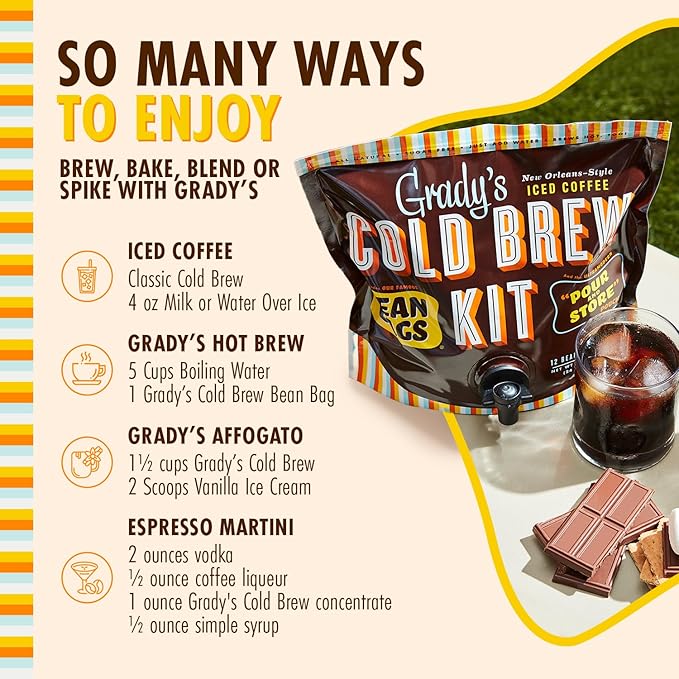 GRADY'S COLD BREW, French Vanilla, 100% Arabica Ground Coffee & Chicory Pouches, All-in-One Cold Brew Kit with 12 Easy-to-Brew Bags, Makes 36 Drinks