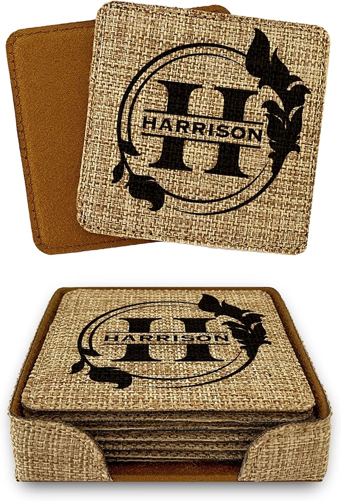 Smile Art Design Family Custom Monogram Coaster Set of 6 with Base Square Burlap Material Family Name and Date Personalized Prints Personalized Gifts House Warming Wedding Gift Rustic Decor Style1