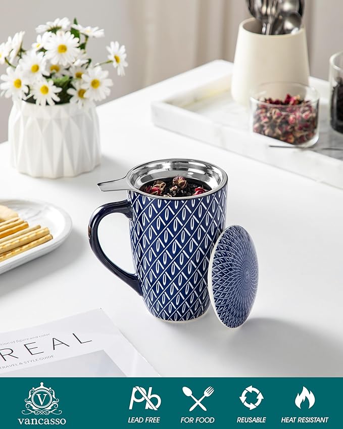 vancasso SELENE Porcelain Tea Mug, 18 oz Porcelain Tea Cup with Infuser and Lid Steeps Loose Leaf Tea, Microwave & Dishwasher Safe, Geometric Weave
