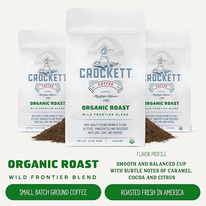 Crockett Organic Ground Coffee – USDA Organic Medium Roast Ground Coffee with Smooth Body, Clean Energy & Balanced Flavor – Perfect for Daily Coffee Drinks & Healthy Coffee Habits