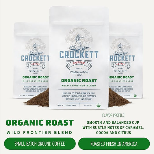 Crockett Organic Ground Coffee – USDA Organic Medium Roast Ground Coffee with Smooth Body, Clean Energy & Balanced Flavor – Perfect for Daily Coffee Drinks & Healthy Coffee Habits