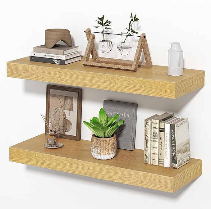 Floating Shelves for Wall, 24" W x 6.7" D x 1.5" H, Wooden Wall Mounted Display Shelves with Invisible Brackets for Living Room, Bedroom, Bathroom, Kitchen Decor and Storage, Set of 2, Oak
