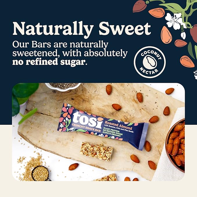 Tosi Nut Bars, Almond, Healthy Snacks for Adults & Kids, Plant Based Crunchy Bars (5G Protein), Organic Keto Snacks, Vegan, Gluten & Soy Free, Low Sugar, Omega 3s, 1oz, 12-Pack
