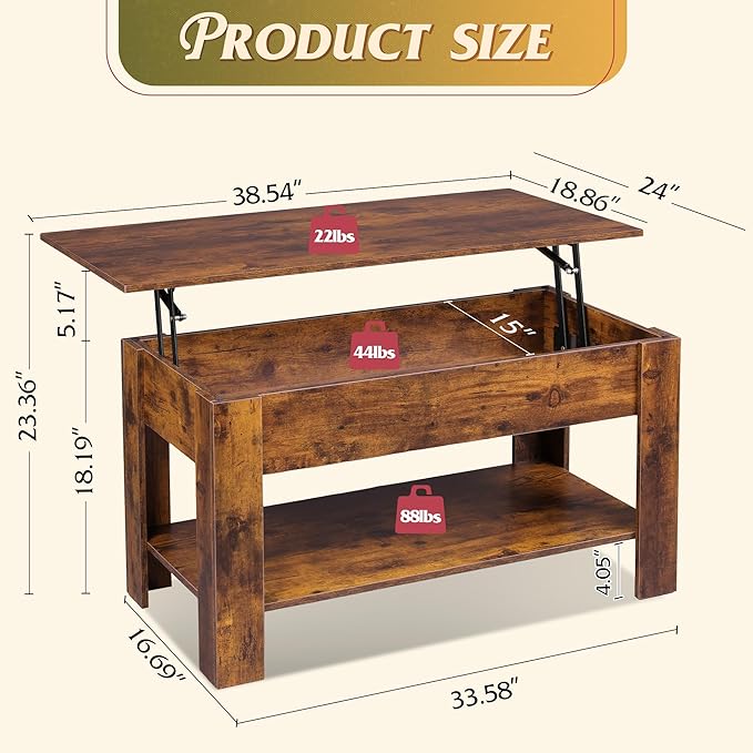 WLIVE Coffee Table, 39" Lift Top Coffee Table with Hidden Compartment, Storage Shelf and Lifting Top for Home Living Room, Office and Reception Room, Brown