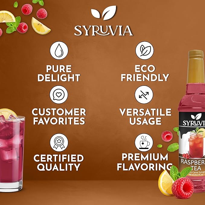 Syruvia Raspberry Tea Flavored Syrup for Drinks, Cocktails, Lemonades, Iced Teas and Desserts – 25.4 fl oz, With Pump