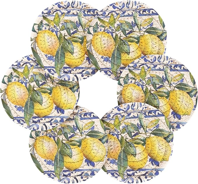 Cup Coasters for Drinks Lemon Olive Tree Italian Tile Coasters Set of 6, Absorbent Coaster with Holder Cotton Woven Coaster for Coffee Wooden Table Home Decor