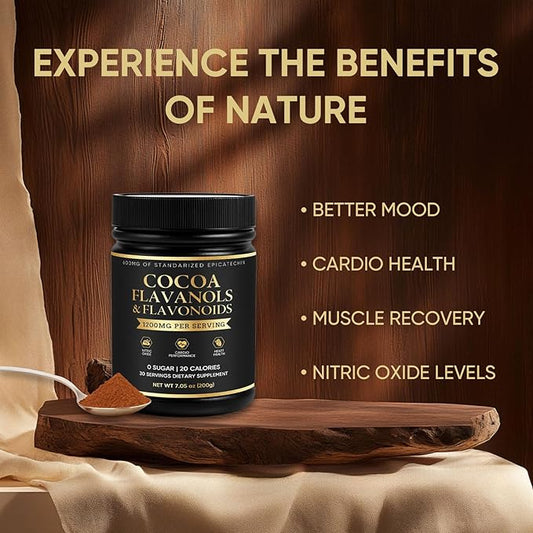 High Flavanol Cocoa Powder | 1200mg per Serving with Cocoa Flavanols, Flavonoids & 600mg Epicatechin | Improve Circulation, Energy, Supports Heart Health & Brain Function | 150g