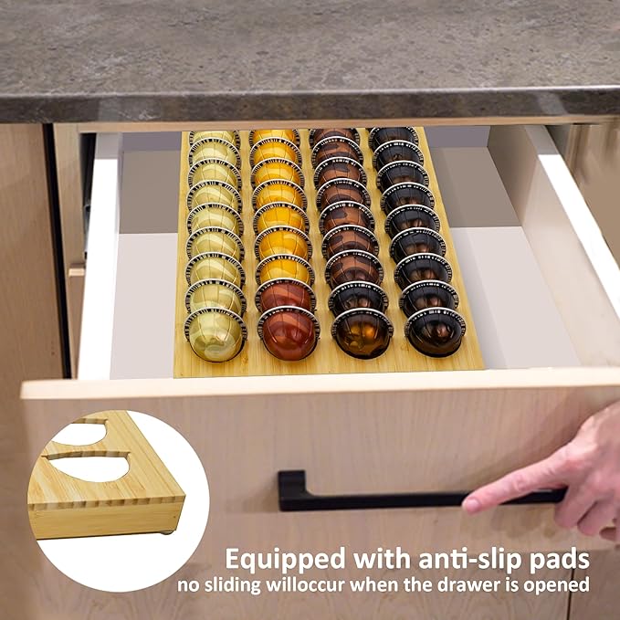 MinBoo Bamboo Coffee Capsule Storage Drawer Tray, Drawer Insert Organizer Holds 40 Pods, Compatible with Coffee Pod Capsules, Suitable for Kitchen, Home, Office,Small