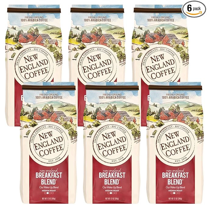New England Coffee Breakfast Blend Medium Roast Ground Coffee, 12oz Bag (Pack of 6)