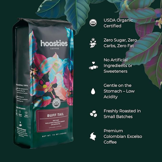 Hoasties Coffee Buff Tail - Dark Roast Whole Bean Organic Coffee, Made 100% Colombian Arabica Coffee Beans, 16 ounces