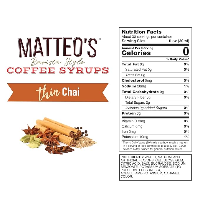 Matteo's Chai Syrup for Coffee, Lattes, Cappuccinos & Desserts – Sugar-Free Sweetener for Beverages, Keto Friendly, Zero Calories, Indulgent Flavor, Non-Alcoholic, Ideal for Hot Drinks 33.8oz (6pk)