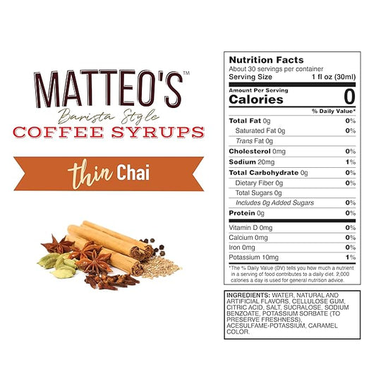 Matteo's Chai Syrup for Coffee, Lattes, Cappuccinos & Desserts – Sugar-Free Sweetener for Beverages, Keto Friendly, Zero Calories, Indulgent Flavor, Non-Alcoholic, Ideal for Hot Drinks 33.8oz (6pk)