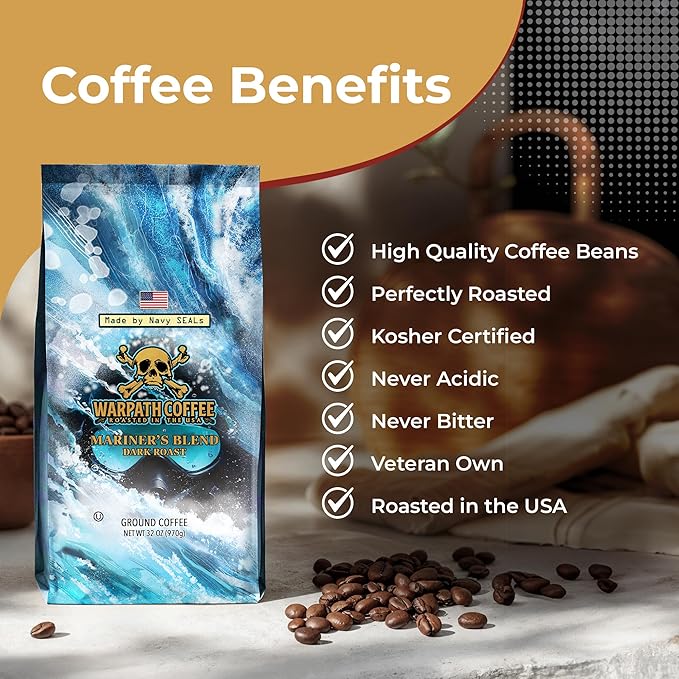 Warpath Coffee Ground Coffee Dark Roast, Mariner's Blend, High Caffeine, Extra Strong Roasted 100% Arabica Coffee Ground Beans, Rich Aroma, Full-Bodied Intense Cup, Created by Navy SEALs, 2lb