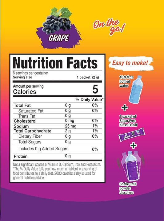 Klass Frutal On-The-Go! | Powdered Drink Mix – Grape Flavor, Sugar Free – 30 Stick Packs