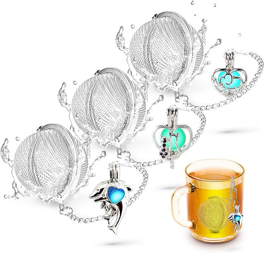 3pcs Tea Infuser TeaSanavie Loose Tea Steeper Stainless Steel Fine Mesh Tea Ball Loose Leaf Tea Infusers Glow In The Dark Cute Heart Pendant Tea Diffuser with Elephant Cat Dophine Charms Tea strainer