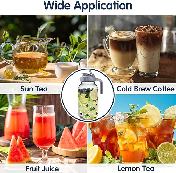 64OZ Glass Pitchers with Lid, Wide Mouth Water Jugs, Leak-Proof Airtight Mason Jars for Cold Brew Coffee, Iced tea, Milk, Food Storage, Sun Tea, Black