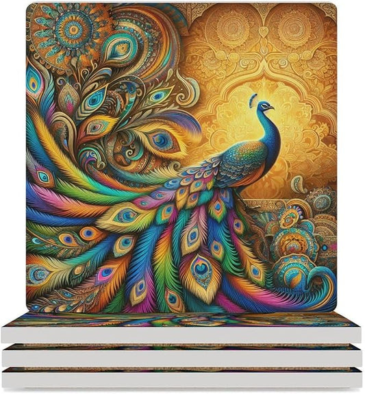 Square-4PCS Peacock Drink Coasters, Square Modern Ceramic Absorbent Coasters, Beautiful Colorful Floral Peacock Boho Art Pattren Decor Desk Coffee Table Coaster for Beverage Cup Tea Coasters