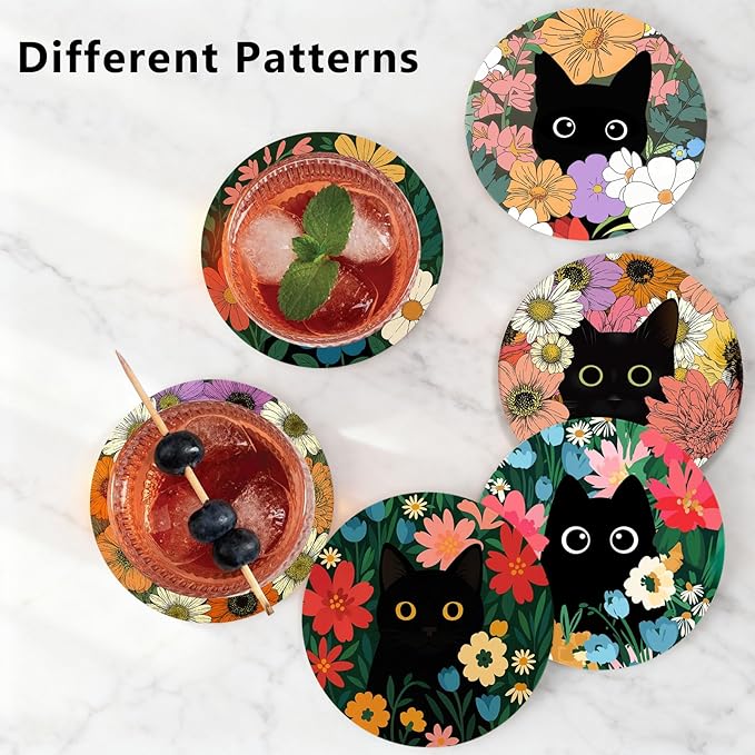6Pcs Black Cat Coasters with Holder, Cute Floral Cat Ceramic Drink Coaster for Kinds of Cups Coffee Table Decor Cats Lover Gifts