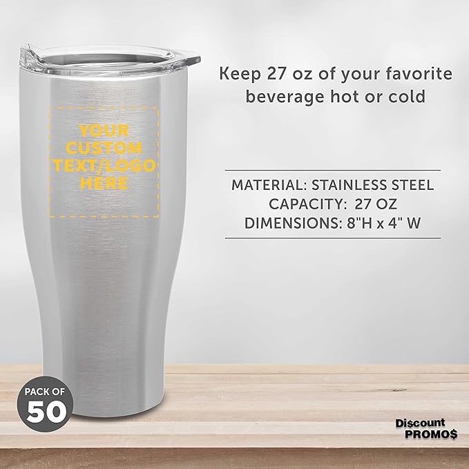 Custom Stainless Steel Grip Travel Mugs 27 oz. Set of 50, Personalized Bulk Pack - Perfect for Coffee, Soda, Other Hot & Cold Beverages - Silver