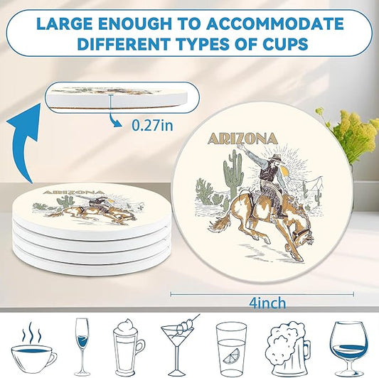 Western Coasters Set of 4, Arizona Cow Boy Coaster with Cork Baking, Absorbent Ceramic Stone Coaster for Table Home Décor, Ideal Gifts for Women Men