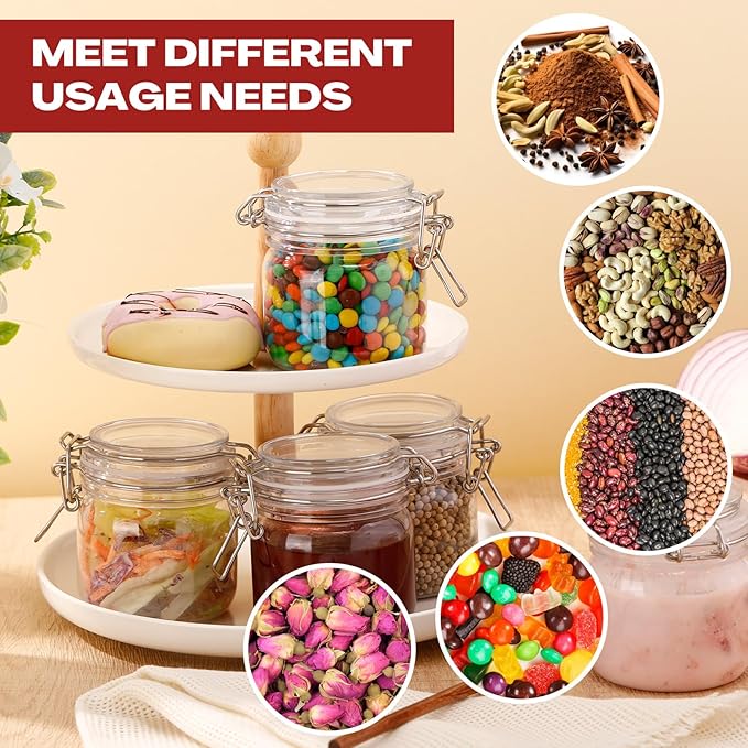 Suclain Plastic Storage Jars with Airtight Hinged Lids, Clear Wide Mouth Food Storage Containers Empty Bottles Sealed Jars for Home Kitchen Candy Herbs Spices Coffee Nuts(8 Pcs,10 Oz/300ml)