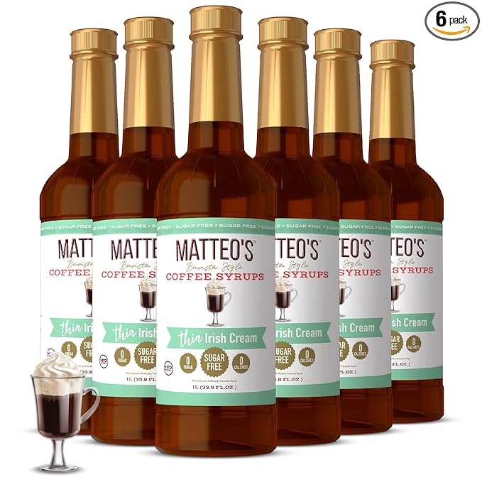 Matteo's Irish Cream Syrup for Coffee, Lattes, Cappuccinos & Desserts – Sugar-Free Sweetener for Beverages, Keto Friendly, Zero Calories, Indulgent Flavor, Non-Alcoholic, 33.8oz (6pk)