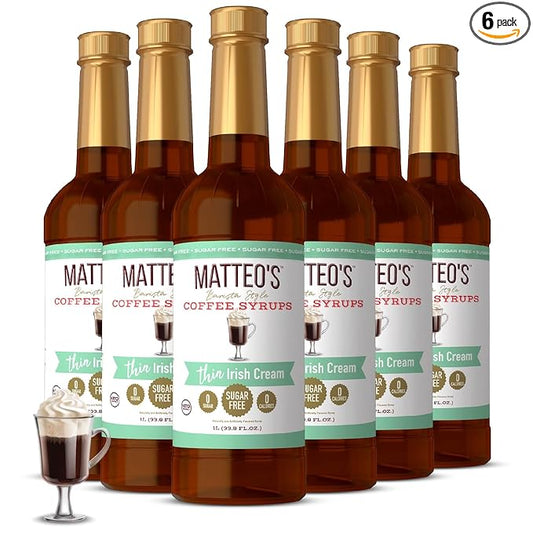Matteo's Irish Cream Syrup for Coffee, Lattes, Cappuccinos & Desserts – Sugar-Free Sweetener for Beverages, Keto Friendly, Zero Calories, Indulgent Flavor, Non-Alcoholic, 33.8oz (6pk)