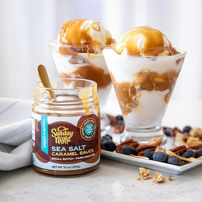 Sunday Night Foods Sea Salt Caramel Sauce, Smooth Buttery Dessert Topping, Made with Fresh Cream and Butter, Contains Milk, Gluten Free, 10oz