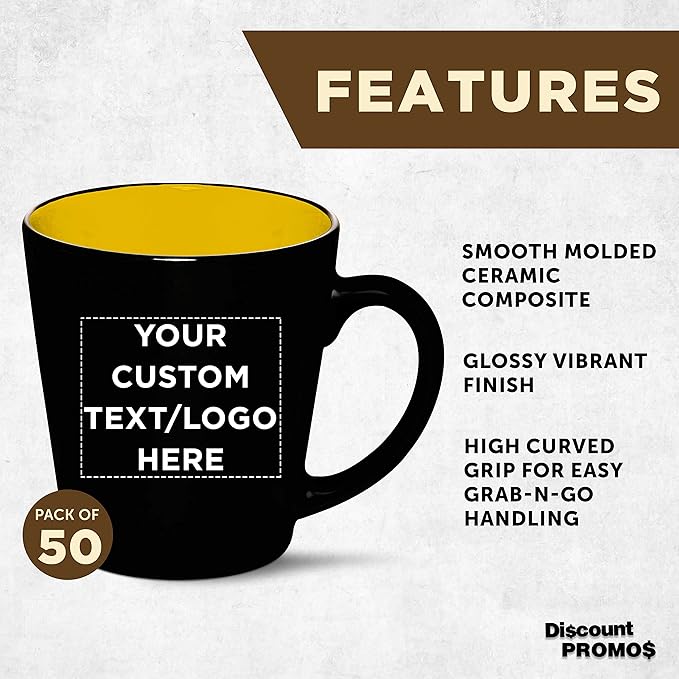 Custom Ceramic Coffee Latte Mugs 12 oz. Set of 50, Personalized Bulk Pack - Perfect for Coffee, Tea, Espresso, Hot Cocoa, Other Beverages - Yellow
