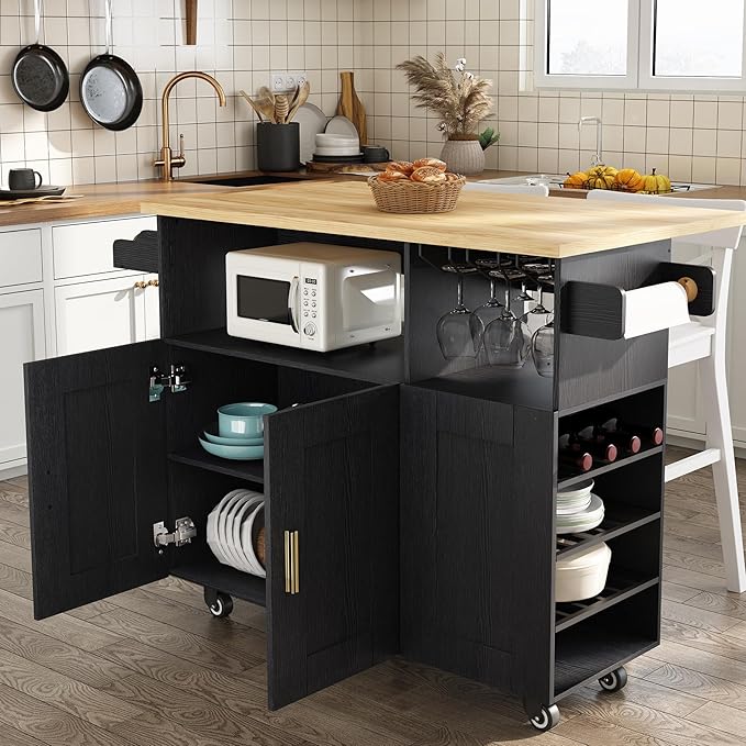 Rolling Mobile Kitchen Island with Storage and Drop Leaf, Island Table with Countertop Power Socket and Wheel (Black, Model 1.2)