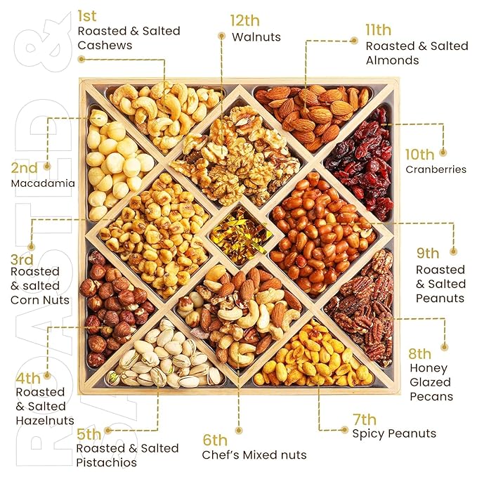 Gourmet Mixed Nuts Gift Basket with Lazy Susan in Sleek Bamboo Wood Reusable Platter | XL 2.5 lb Platter Includes 12 Assortments of Premium Nuts, Kosher