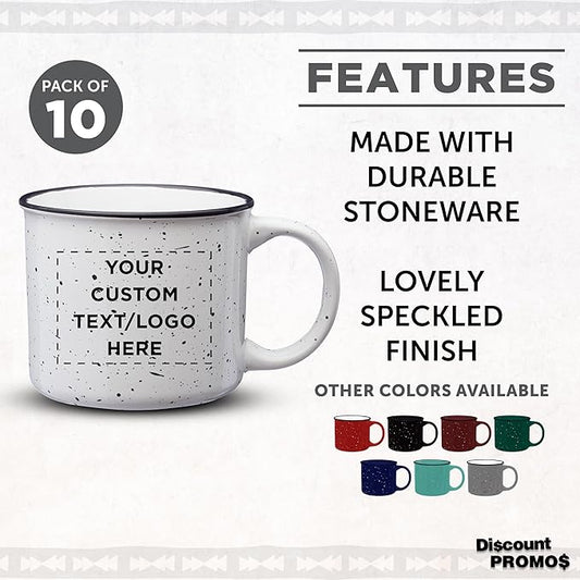 DISCOUNT PROMOS Custom Ceramic Campfire Coffee Mugs 13 oz. Set of 10, Personalized Bulk Pack - Perfect for Tea, Espresso, Cappuccino, Hot Cocoa - White