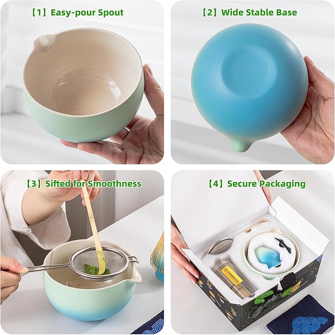 TEANAGOO Matcha Whisk Set Blue,Ceremony Matcha Set,Matcha Kit Grident Blue,Matcha Tea Set for Making Breakfast/Latte,Matcha Whisk Set and Bowl with All Accessories,Gift for Matcha Lover