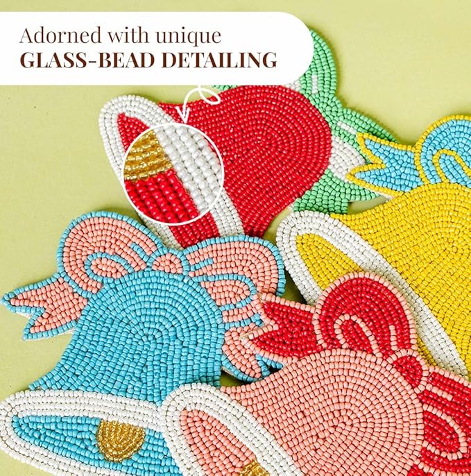 Folkulture Valentine Coasters Set of 4 | Handmade Boho Love & Bell Design Drink Coasters for Coffee Table Décor | Cute Valentine’s Day Gift for Her | Romantic Home Accessories