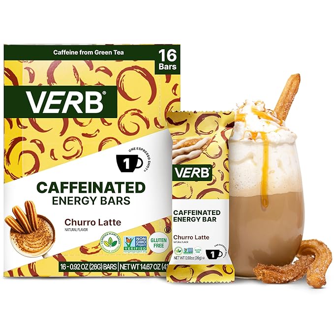Verb Caffeinated Energy Bars Churro Latte (26g, Pack of 16) 110-Calorie Delicious Low Sugar Energy Bar - Vegan Gluten Free On-the Go Snack with 80mg Green Tea Caffeine, Only Real-Food Ingredients