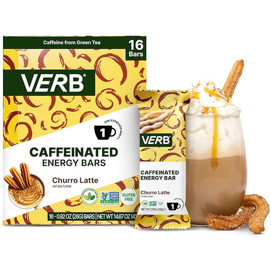 Verb Caffeinated Energy Bars Churro Latte (26g, Pack of 16) 110-Calorie Delicious Low Sugar Energy Bar - Vegan Gluten Free On-the Go Snack with 80mg Green Tea Caffeine, Only Real-Food Ingredients